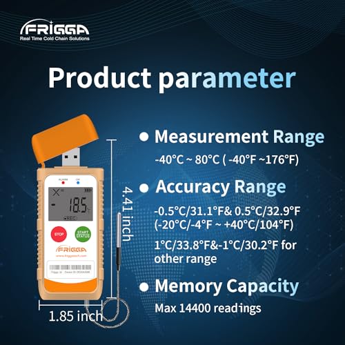 Image of Frigga 5 Pack Temperature Data Logger with External Probe LCD Digital Recorder - Single Use, 100 Days, USB, High Accuracy, 14400 Points, PDF CSV Report, M1E