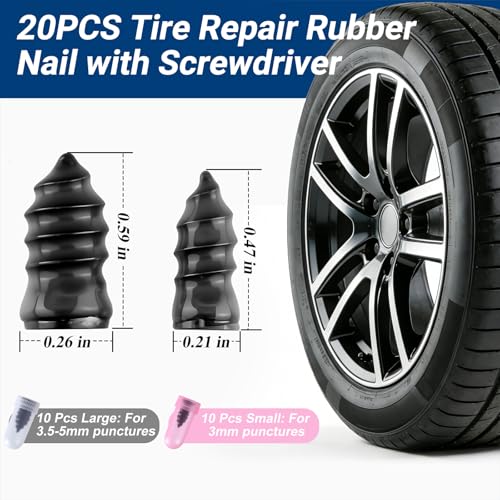 Image of 21 PCS Tire Repair Rubber Nail Kit, Premium Spiral Screw-in Tire Plugs with 2 Sizes, Emergency Roadside Flat Tire Fix Tool for Car Truck Motorcycle Tractor ATV SUV (20 PCS + 1PC Screwdriver)