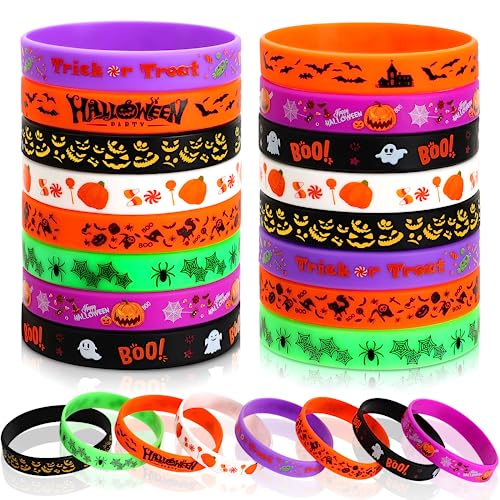 JUNEBRUSHS Halloween Party Favors, 24pcs Halloween Silicone Bracelets Rubber Wristbands for Trick or Treat Goodie Bag Stuffers Fillers Accessories Supplies (8 Designs)