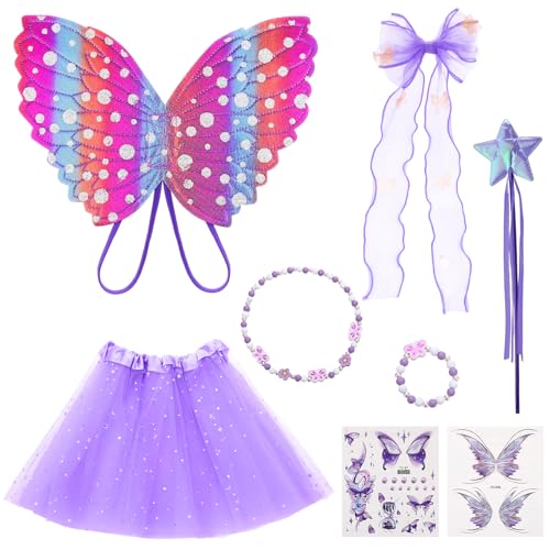 Kaisibum 8 PCS Feen Kostüm Kinder Mädchen Feenflügel Kinder, Schmetterling Zauberstab, Haarschleifen Mädchen, Tutu, Armband, Halskette, Temporäre Tattoos für Karneval, Geburtstage (Lila)
