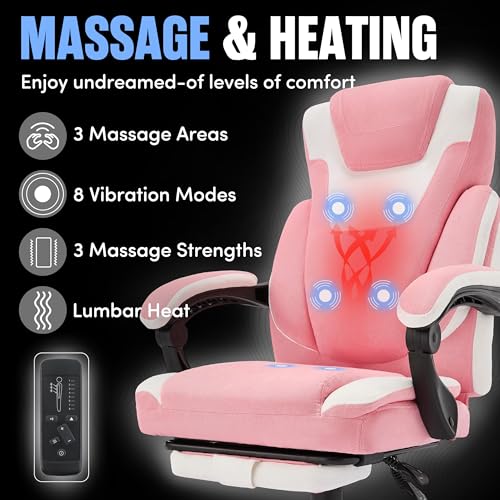 Image of Massage Office Chair with Foot Rest,6-Point Vibration & Heat Executive Office Chairs,Ergonomic Desk Chair for Heavy People,Big and Tall Fabric Office Chair 500LBS,Reclining Managerial Chair,Pinkwhite