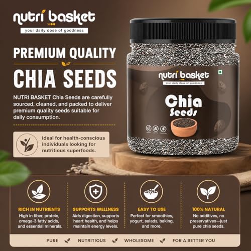 Image of NUTRI BASKET Premium Chia Seeds 250g | Raw & Non-GMO Chia Seeds for Eating | Rich in Fiber, Protein, Calcium & Omega 3 | Healthy Superfood for Smoothies, Salads, Baking & Diet Food