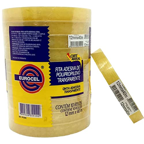 Fita Adesiva, Eurocel, PP2000, 12 mm x 40 Metros, Transparente, Pacote com 10