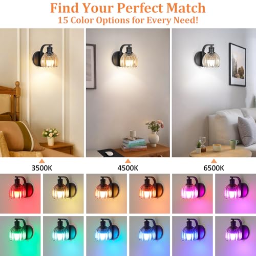 Image of Vintage Rechargeable Battery Operated Wall Sconce Set of Two with Remote | Black Cordless Wall Light with Amber Tulip Glass Lampshade, 15 Colors Dimmable Wireless Wall Lamp for Bedside Hallway Bedroom