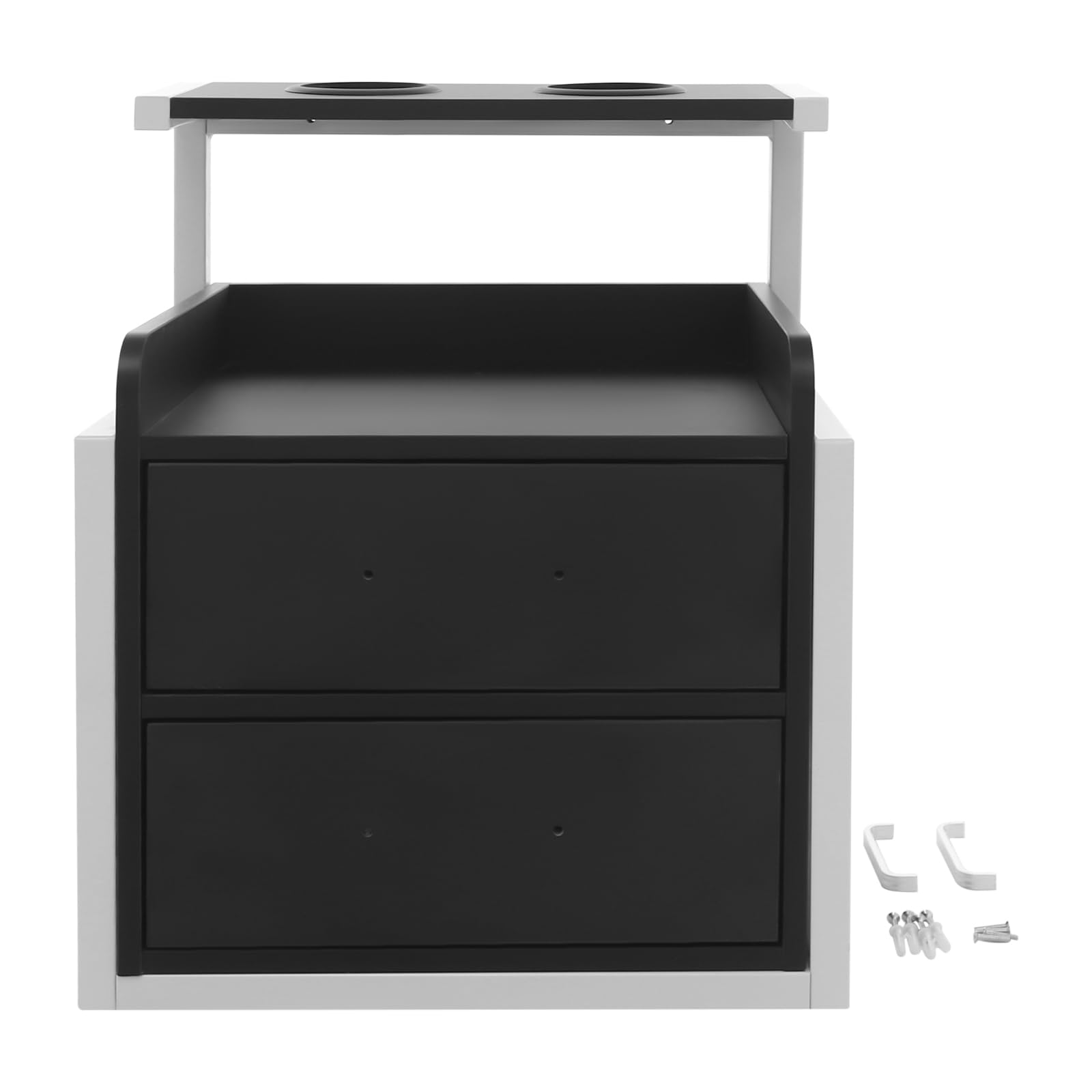 Suspended Salon Wall Cabinet, Wandschrank Friseursalon, Aufbewahrungsschrank mit 2 Schubladen, Offener Ablage und Föhnhalter, Für Salon, Bad, Spa, 40x30x48 cm (Weiß+Schwarz)