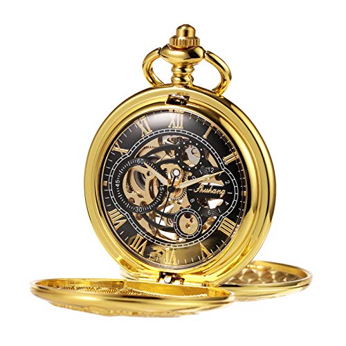 Image of TREEWETO Men's Retro Double Open Skeleton Mechanical Roman Numerals Shield Pocket Watch with Chain for Men Women