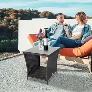 Kinbor porch side table wicker table with storage outdoor square side tables for patio garden porch black  urban country home decor