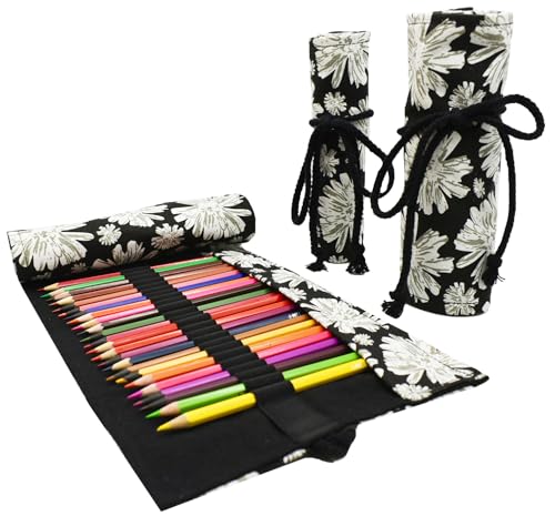 Image of Snowflake Pattern Canvas Pencil Case Roll Wrap Holders Roll Up Pencil Bag for Artist Adult Coloring Travel Storage OrganizersWith 24 Slots (Ice snow)