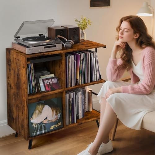 Image of Faesun 3 Tier Flip Top Record Player Stand, Vinyl Record Storage Holds up to 300+ Albums, Large Record Player Cabinet, Vintage Turntable Stand with Vinyl Display, for Living Room Bedroom, Rustic Brown
