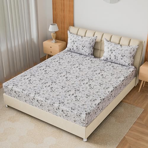 Image of LINENWALAS 100% Cotton 200 TC Single Fitted Sheet with Pillow Cover | 360 Elastic Bedsheet with 4-8 inch Deep Pocket - Soft Breathable Bedding (36x78 inch, Smoky Florals)