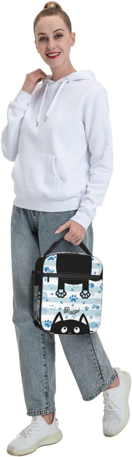 Black Cat Lunch Box for Kids Boys Girls, Blue and White Striped Cat Paws Insulated Lunch Bag for Women Men, Leakproof Durable Lunch Cooler for School Work Picnic - Image 8