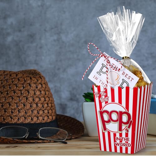 Image of Teenyyou 30 Set Father's Day Popcorn Boxes Best Pop Ever Treat Bag Popcorn Bucket Container Gift Tag with String Funny Dad Gift for Father's Birthday Party