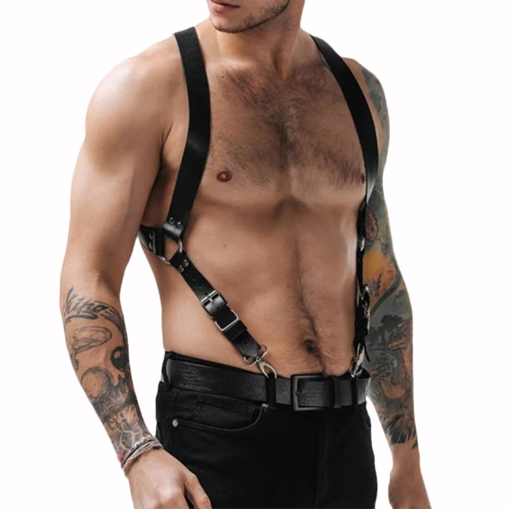 JPXJGT Men's PU Leather Body Chest Harness Adjustable Gay Interest Buckles Clubwear Costume (Color:Black,Size:One Size)