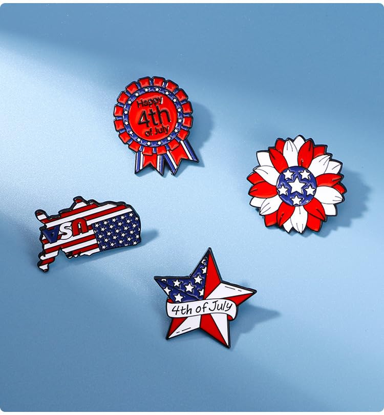 Image of 4th of July Enamel Brooches Set for Women Men USA American Flag Star Firework Patriotic Lapel Pins Red White Blue Waving for Veterans Independence Memorial Day Decor Gifts-4PCS