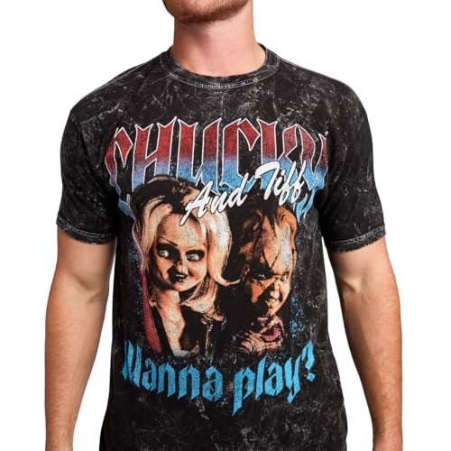 Bioworld Chucky Tiffany & Chucky Wanna Play Men's Black Mineral Wash Crew Neck Short Sleeve T-Shirt4