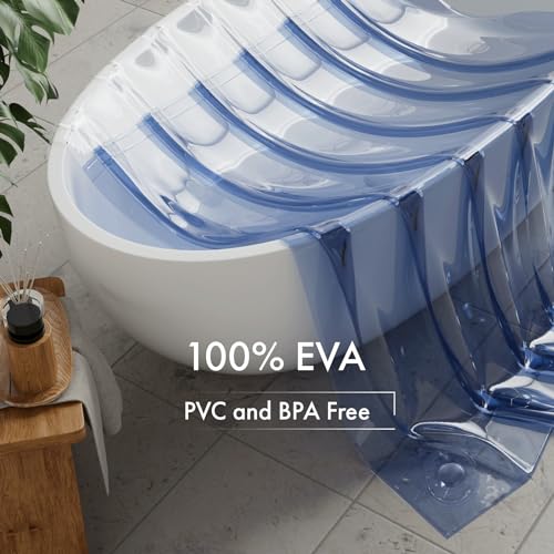 Image of AmazerBath 100% EVA Shower Curtain Liner, 72 x 72 Inches Heavy Duty Shower Curtain and Liner 2-in-1 with 3 Clear Stones and 12 Brass Grommets, Color Block Soft Shower Liner - Clear & Ocean Blue