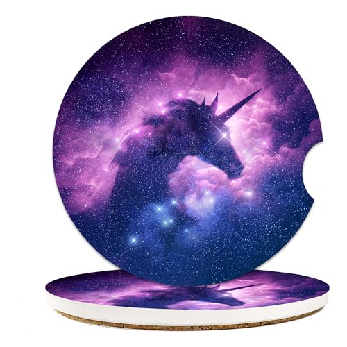 Unicorn Car Cup Coasters, 2 Pack Non-Slip Absorbent Ceramic Coasters with Finger Notch & Cork Base, Cute Car Accessories Gifts