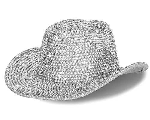 Sparkly-Diamond Western-Cowboyhut für Damen, Glitzer-Cowgirl-Fedora-Jazz-Hut für Party, Musikfestival, Größe M/L, Silber mit Strass, Medium