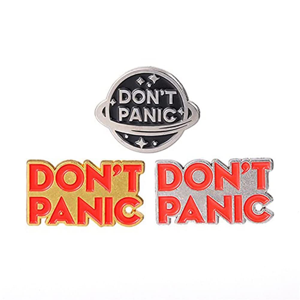 AFSJEEP 4 Pieces 'Don't Panic' Enamel Pin Golden Silver Planet Club Brooch Lapel Pin Cartoon Space Globe Enamel Pin For Women Bag Clothes Lapel Badge Jewelry Gift