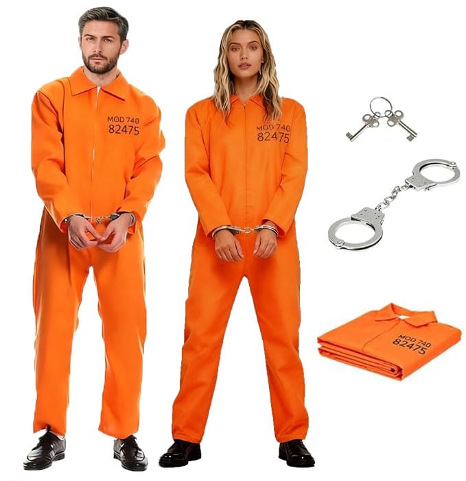 Costume de prisonnier adulte orange pour homme et femme，Costume Prisonnier Orange Combinaison de Prisoner Déguisement Adulte Prisonnier Unisexe Prison Jumpsuit Carnaval Prisoner Costume (XL)