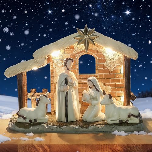 Weihnachtskrippe mit Beleuchtung und Figuren 23 Topsky Krippenfiguren Set – Weihnachtskrippe mit Beleuchtung, 5pcs...