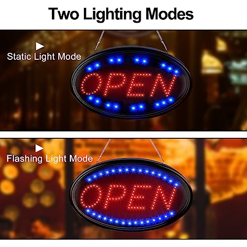 Image of FITNATE LED Open Sign, 23 inchx14 inch, with Remote, Timer & Flash /Steady Modes | Ultra bright for day or night, plug in to use, energy saving, stainless hanging chain, for shop bar hotel window wall display