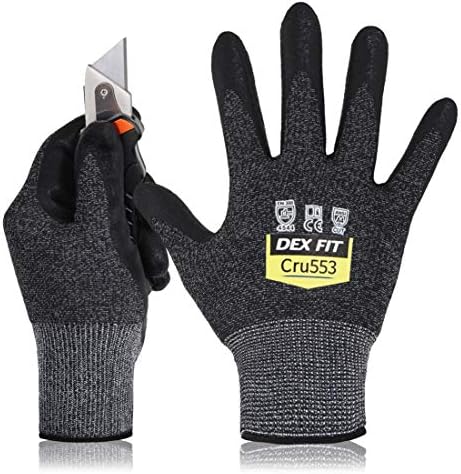 DEX FIT Level 5 Cut Resistant Gloves Cru553, 3D-Comfort Fit, Firm Grip, Thin & Lightweight, Touch-Screen Compatible, Durable, Breathable & Cool, Machine Washable; Black Grey L (9) 1 Pair