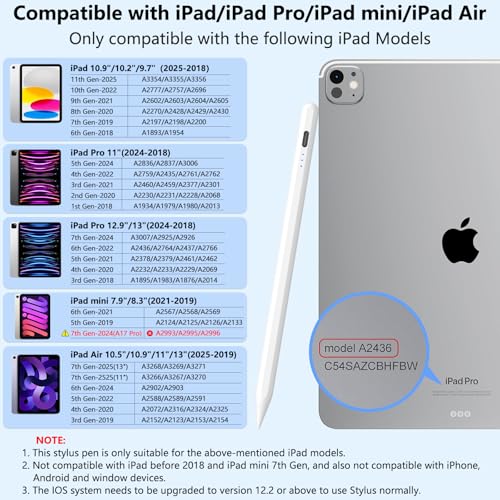 Image of COO Stylus Pen for iPad Pro Air Mini 2018-2025, Palm Rejection Fast Charge | Stylus Pen for iPad 10 /9 /8 /7 /6 Gen, iPad Pro 11 /12.9 inch, Air 7 /6 /5 /4 /3 Gen, Mini 6 /5 Gen