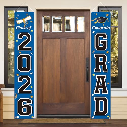 KMUYSL Graduation Decorations Class of 2026, Graduation Party Decorations 2026, Blue & Black Congrats Grad Banner Hanging Flags Porch Sign for Any School Indoor/Outdoor Decor