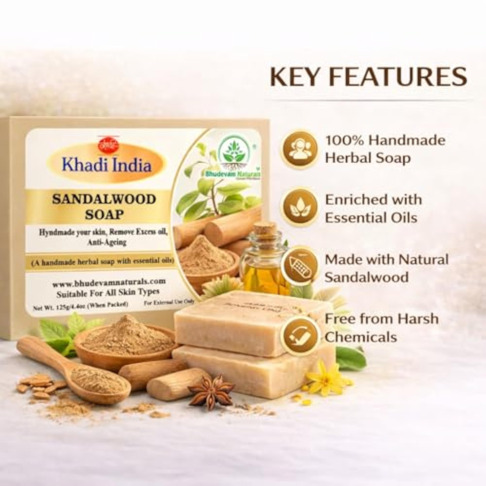 Khadi Handmade Herbal Sandalwood Bath Soap, Pack of 4