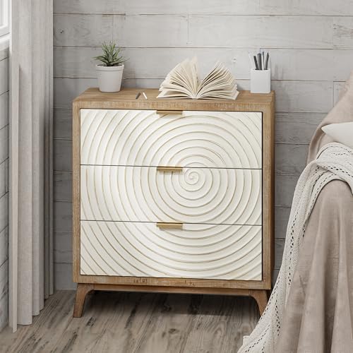 COZAYH Farmhouse 3 Drawer Dresser with Handcrafted Wood Ring Motif, White Nightstand for Bedroom, Rustic & Natural, Fully Assembled, Boho - Image 6