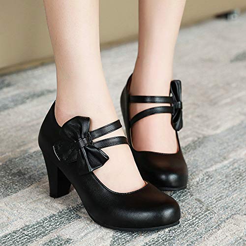 LUXMAX Women Two Strap Pumps High Block Heel Mary Jane with Bow Tie3
