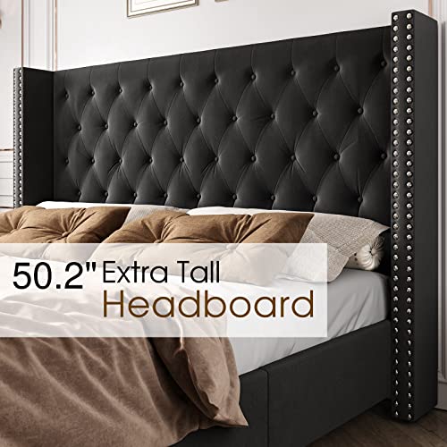 Papajet Tufted Upholstered Platform Bed Frame King Size Velvet Low Profile Platform Beds Raised Wingback Headboard With Strong Wooden Slats/Mattress Foundation/Easy Assembly Black Velvet Bed Frame #TOP2