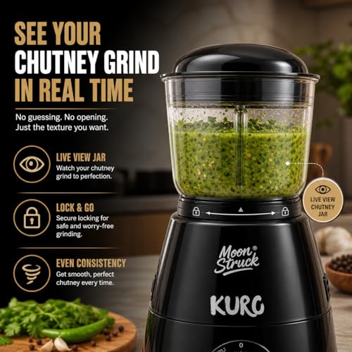 Image of Moonstruck Kuro Up to 700W Mixer Grinder | HeatShield Motor | LiveView Chutney Jar | Perfect for Bachelors, Couples & Small Kitchens | SpiceCrush Technology | 2 Year Warranty (Black)