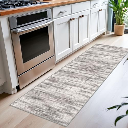 KOZYFLY Modern Abstract Kitchen Runner Rug, 2x6 Washable Rug Runner Non-Slip Soft Striped Hallway Runner Rugs, Grey Beige Print Distressed Carpet Runner for Entryway Bathroom Laundry Room Foyer