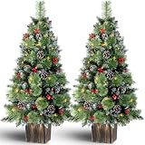 Jin&Bao 4FT Potted Christmas Tree with 100 Lights, Artificial Christmas Tree Outdoor Decor 8 Mode Timer Waterproof with Round Pine Cones & Red Berries for Front Door, Porch, 2 Pack