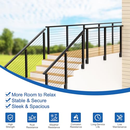 Image of 36 inch Right Side Mount Stair Cable Railing Post for 25-35 Degrees Stair, Stainless Steel Single Black Coated Fascia Mount Post for Cable Railing Kit, Indoor Outdoor Use, MY09-S