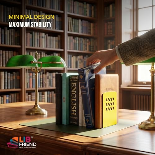 Image of LIBFRIEND Metal Non-Slip Bookends | Powder-Coated L-Shaped Book Holder for Desk, Office, Study Table and Library | Multicolour Options | Set of 2 (Yellow, M)