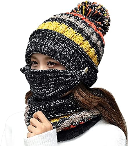 Women‘s Beanie Winter Knit Fleece Lined Ear Flaps Hat with Pompom, Girl Winter Ski Hat Thick Warm Slouchy Scarf Mouth Mask Hat Black