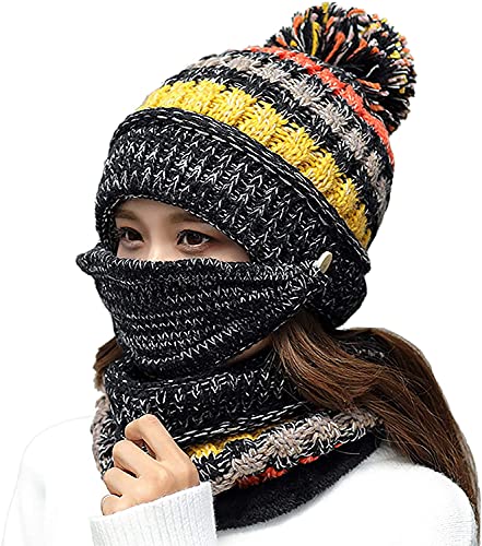 Women‘s Beanie Winter Knit Fleece Lined Ear Flaps Hat With Pompom, Girl Winter Ski Hat Thick Warm Slouchy Scarf Mouth Mask Hat Black #TOP16