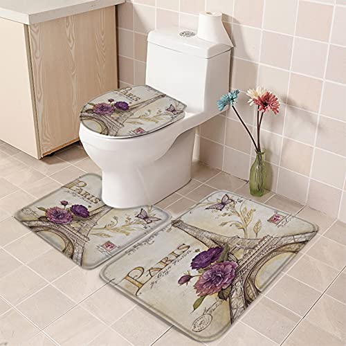 Lusweet Bathroom Rugs Sets 3 Piece Non-Slip Water Absorbent Vintage Paris Bath Mats Set With Bath Rug,U Shape Mat And Toilet Lid Cover Mat,Soft Bathroom Floor Mats Large #TOP4