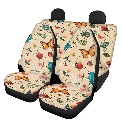 Binienty Cars Front and Back Seat Protection for Car of 4 Full Set Comfortable Automobile Seat Covers,Butterfly Ladybugs Floral Pattern