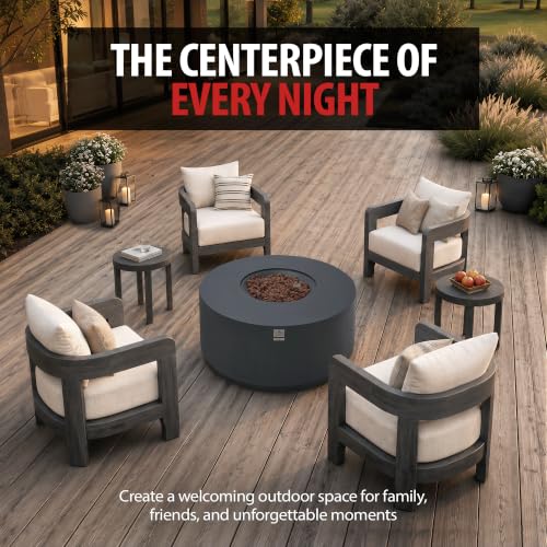 Image of AMS Round Concrete GFRC Propane Gas Fire Pit Table (Dark Gray) | 65000 BTU Patio Table with Tank Storage, Gas Hose, Repair Kit, Water Resistant Canvas Cover & Electronic Ignition