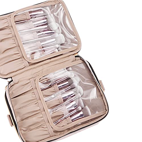 Nishel Double Layer Travel Makeup Bag With Strap, Large Cosmetic Case Organizer Fits Bottles Vertically, Top Layer For Brushes, Tweezers, Eyeliner, Pink #TOP3