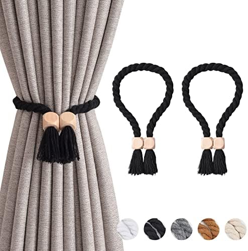 Pretty Jolly 2 Pack Wooden Ball Magnetic Curtain Tiebacks Boho Home Decor Drape Tie Backs Natural Cotton Hand Woven Rope Curtain Holdbacks for Thin & Thick Home & Office Window Draperies (Black)