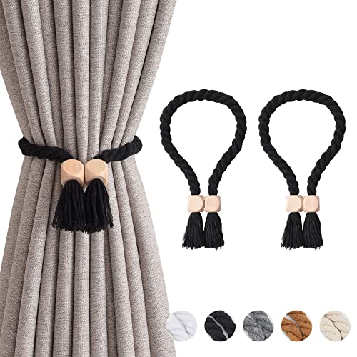 NICEEC 2 Pack Wooden Cube Magnetic Curtain Tiebacks Boho Home Decor Drape Tie Backs Natural Cotton Hand Woven Rope Curtain Holdbacks for Thin & Thick Home & Office Window Draperies (Black)