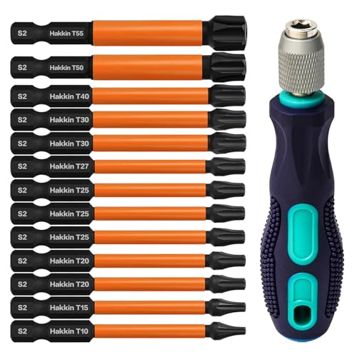 Hakkin 13 Stück Torx Bit Set Lang 75mm mit Loch T10 T15 T20 T25 T27 T30 T40 T50 T55 Bitsatz für Akkuschrauber 1/4 Torx Schraubendreher Bitset für Schlagschrauber S2 Sternschraubenzieher