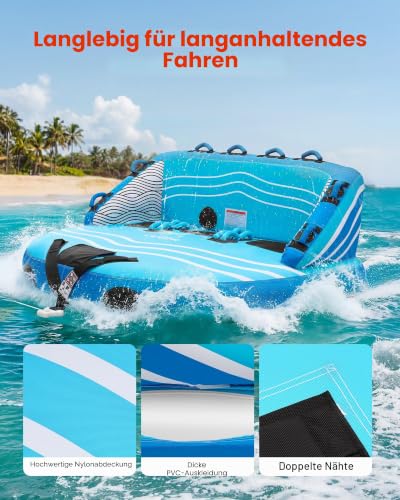 VEVOR Towable Tube für Boote, Wassersport-Schleppreifen für 3 Personen, bis 231 kg Tragfähigkeit, mit 2 Zugpunkten, Nylonhülle, Gepolsterten Griffen und Sicherheitsventil, für Seen, Flüsse, Blau