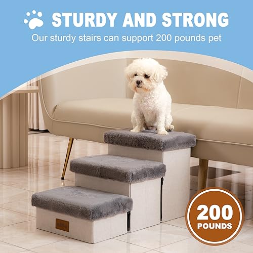 COZY KISS Dog Stairs for Small Dogs, Pet Stairs for High Beds and Couch, Pet Ramp for Small Dogs and Cats, 3-Step Grey