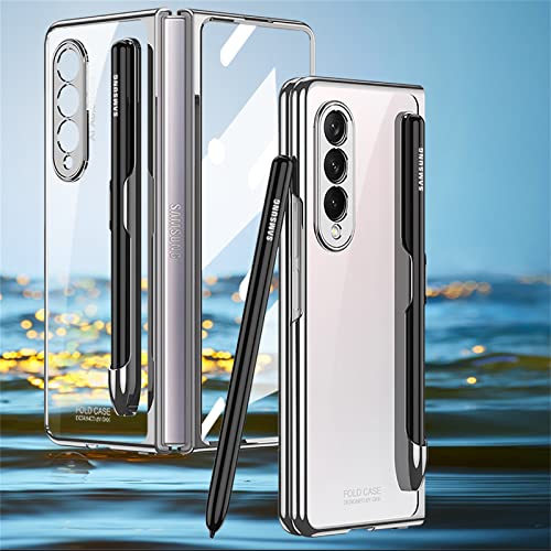 MistWorld Für Samsung Galaxy Z Fold3 5g galvanisierter Rahmen transparente Schutzhülle mit gehärteter Folie und Stift Aufbewahrungstasche (fold3 Fall), Silber Cover